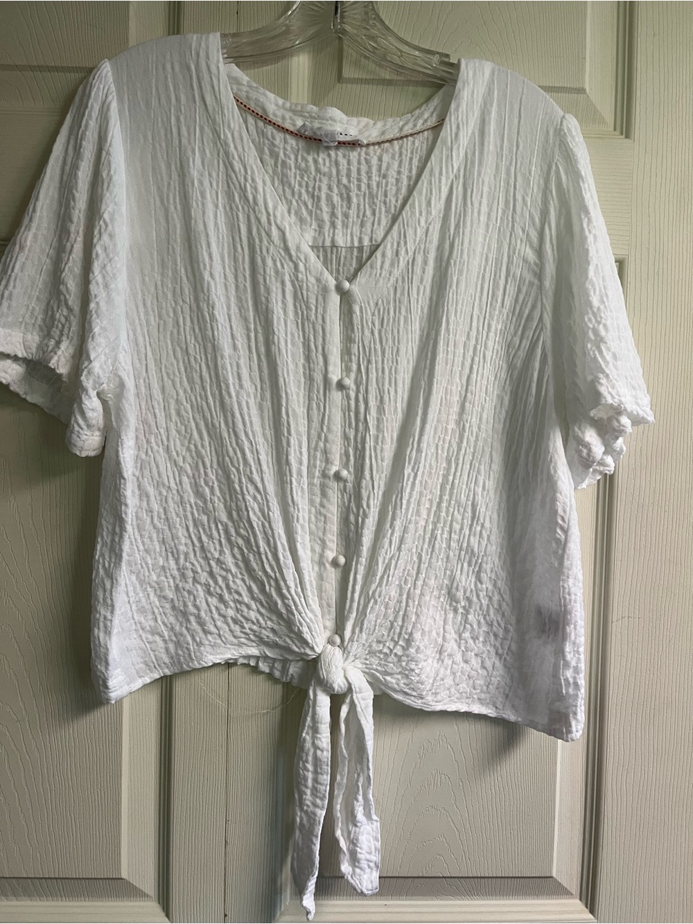 Jane + Delancey White Tie-Front Textured Button-Up Top Size Large